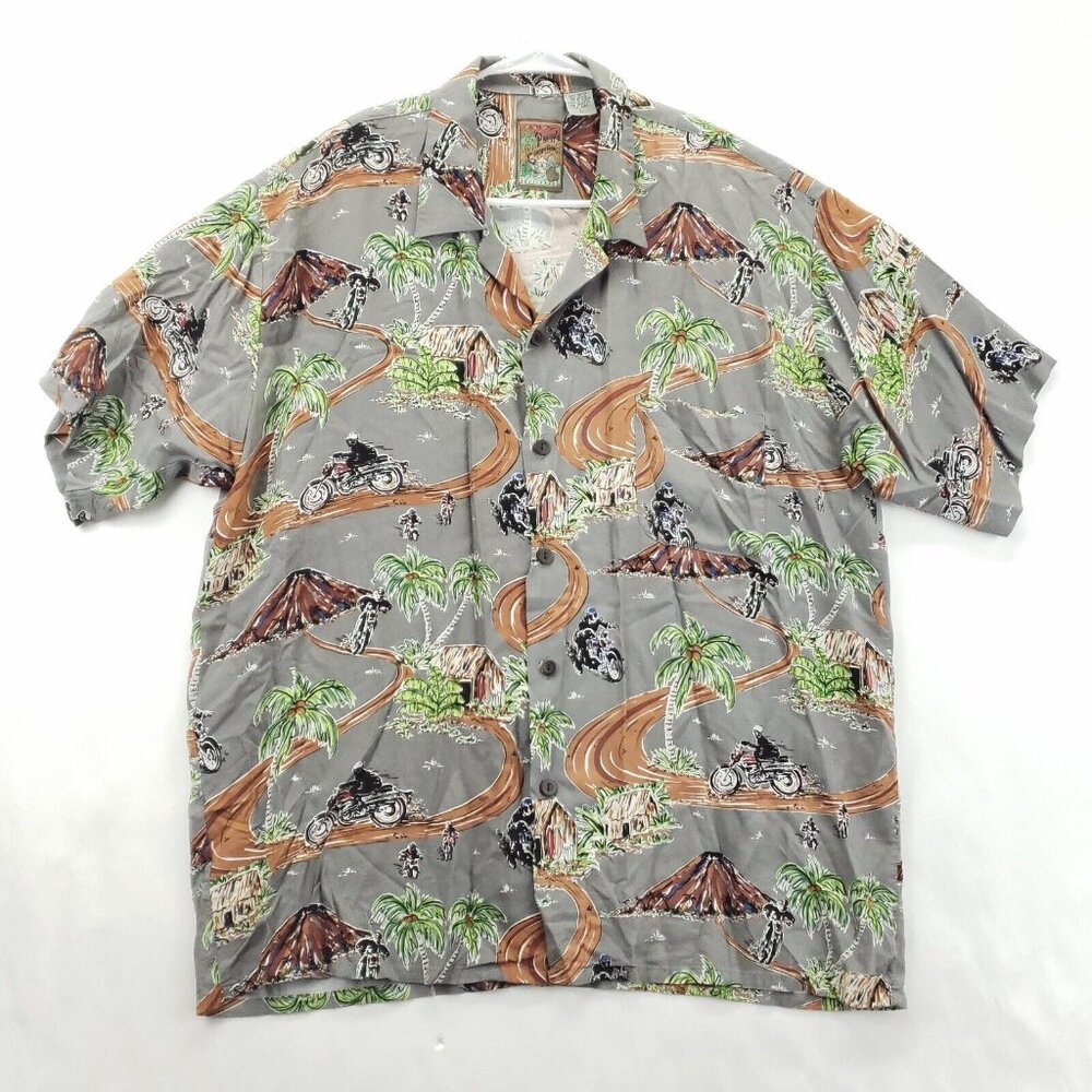 Pineapple Connection Hawaiian Shirt Mens Large Gray Motorcycle Camp